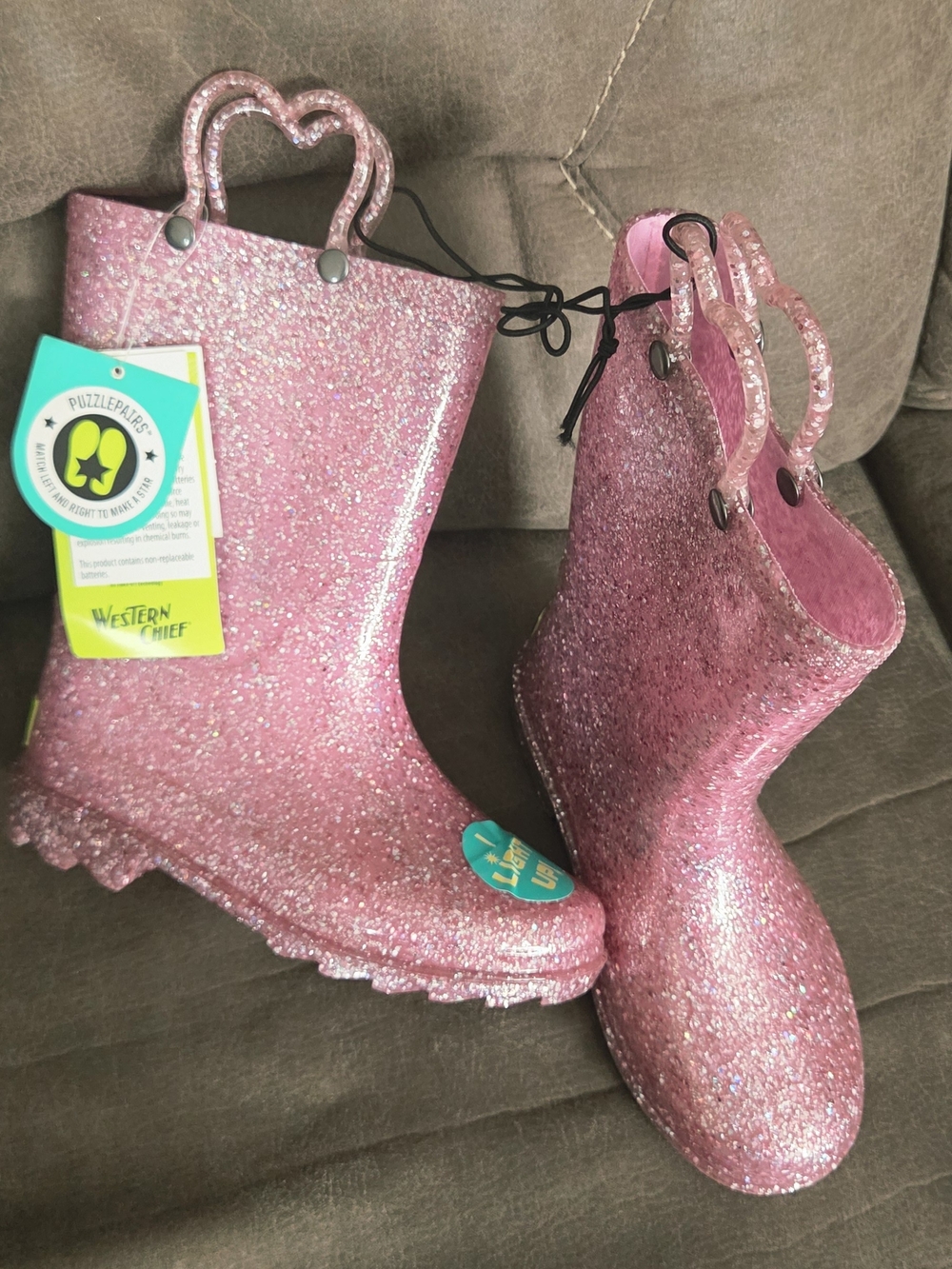 Western Chief Pink Glitter Kids Rain Boots with Logo Patch